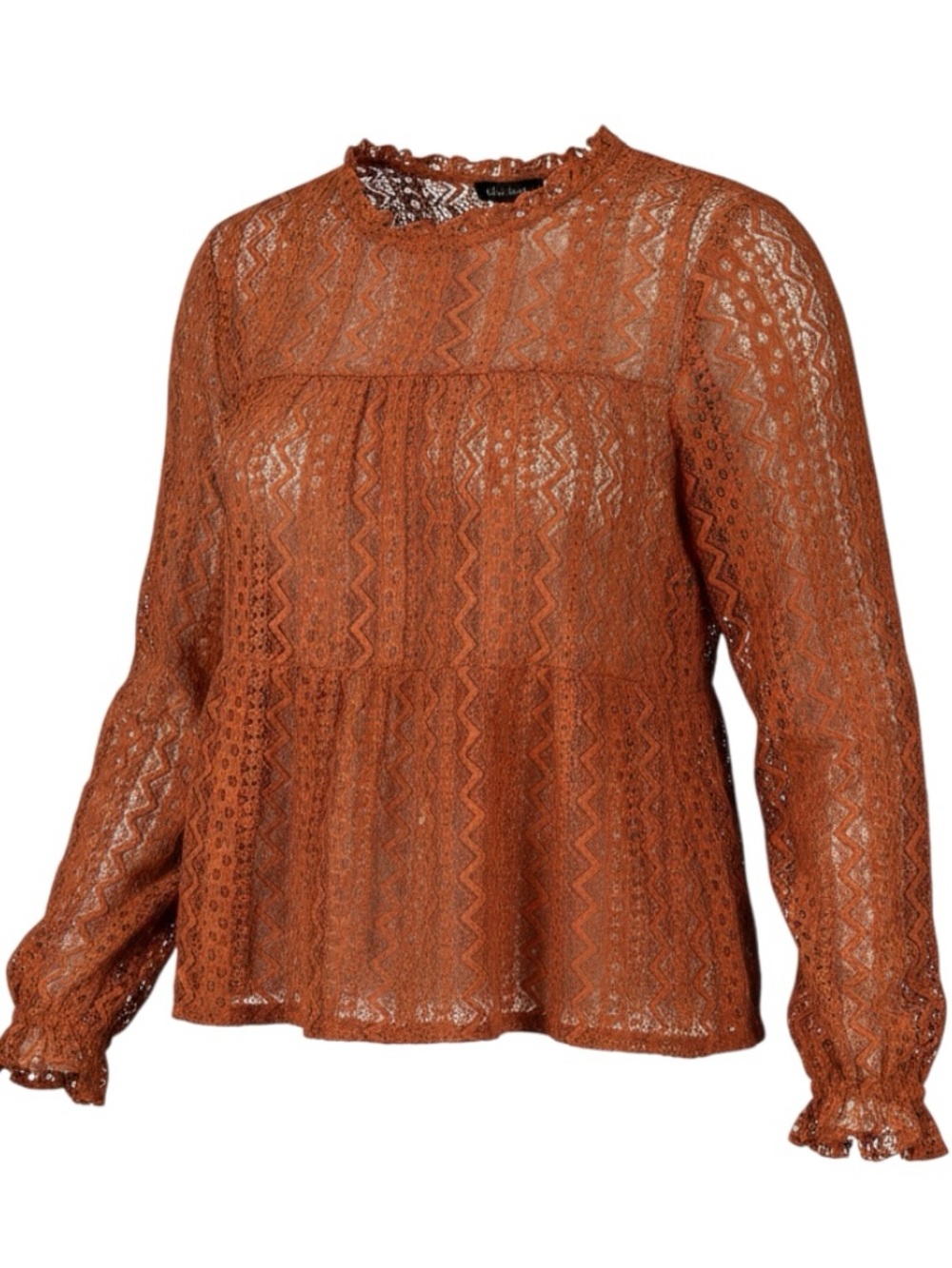 Melissa Paige Petite Rust Lace Babydoll Blouse Boho Bell Sleeve Flowy Top PXL